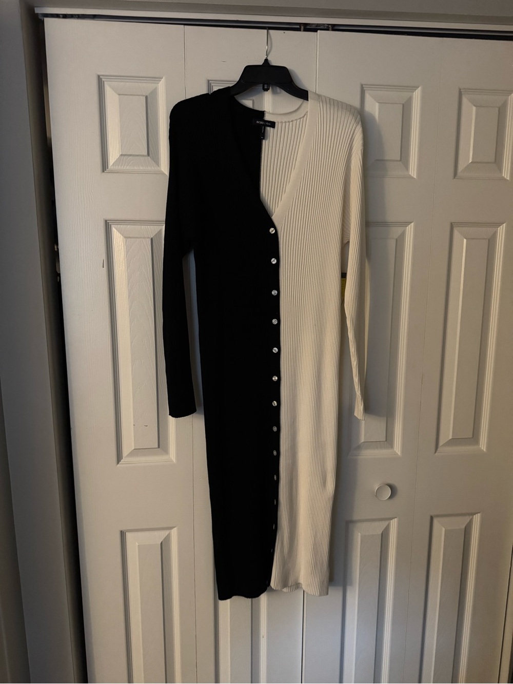 BCBG Two-Tone Black & Cream Ribbed Button-Front Midi Dress